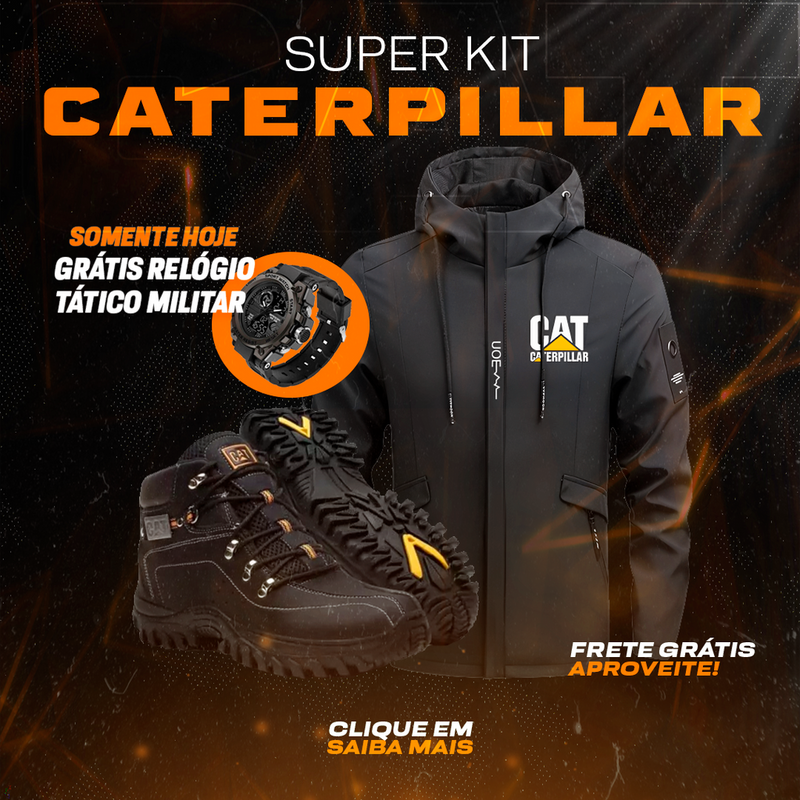 SUPER KIT CATERPILLAR - JAQUETA CORTA VENTO + BOTA IMPERMEÁVEL+ RELÓGIO TÁTICO MILITAR